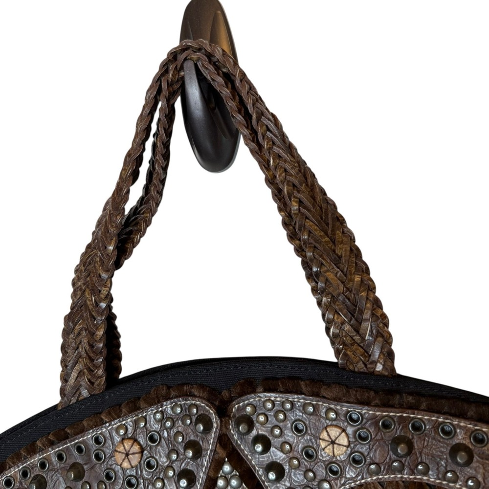 Braccialini Tua Canvas Beaded Studded Tote‎ Black Leather Embellished Detail Bag - Picture 5 of 10